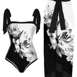 Vacation Floral Printing Strapless One Piece With Cover Up, Swimsuit with Cover Ups, color:Black-white|size:XXL, Noracora