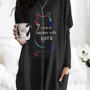 Loose Text Letters Crew Neck Casual Shirt, Blouses, color:Black|size:XXL, Noracora