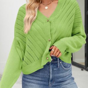 V Neck Plain Casual Cardigan, Cardigans, color:Green|size:XL, Noracora