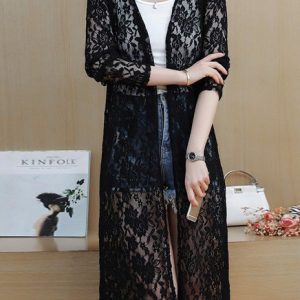 Wrap Lace Casual Loose Kimono, Kimono, color:Black|size:4XL, Noracora