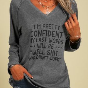 Long Sleeve V Neck Printed Top T-shirt, T-shirts, color:Gray|size:XXL, Noracora