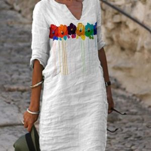 Loose Notched Casual Dress, Short, color:White|size:4XL, Noracora