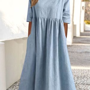 Plain loose pocket Long Dress, Midi, color:Blue|size:XXL, Noracora