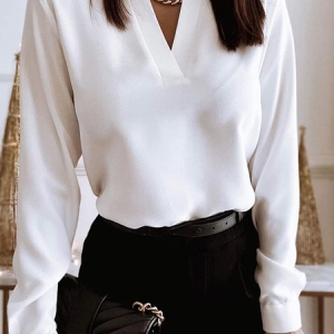 Long sleeve V Neck Plain Casual Long Sleeve Blouse, Shirts, color:White|size:XXL, Noracora