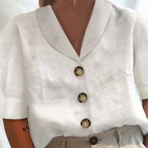 Plus Size Lapel Collar Cotton Casual Buckle Shirt, TOPS, color:White|size:4X, Noracora