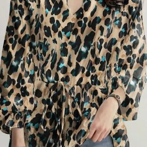Regular Fit Casual Leopard Blouse, Shirts, color:Khaki|size:5XL, Noracora