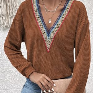 Cotton-Blend Casual V Neck Top, Blouses, color:Coffee|size:XXL, Noracora