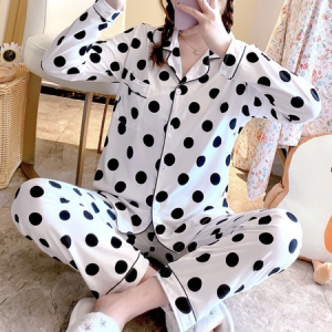 Loose Casual Shirt Collar Polka Dots Lounge Set, Pajamas, color:Black-white|size:XXL, Noracora