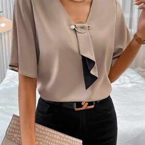 V Neck Casual Plain Shirt, Blouses, color:Khaki|size:XXL, Noracora