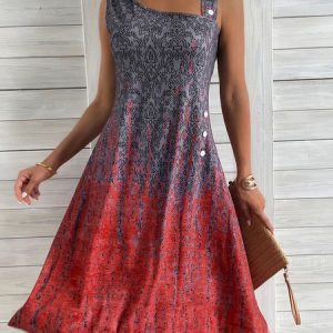 Asymmetrical Ethnic Casual Dress, Midi, color:Red|size:XS, Noracora