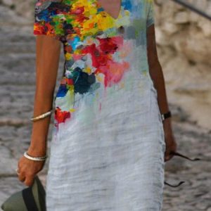 Floral Short Sleeve Casual Notched Dress, DRESSES, color:Multicolor|size:3X, Noracora