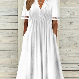 V Neck Plain Short Sleeve Buckle Hollow Out Lace Casual Dress, Midi, color:White|size:XXL, catalog Noracora shop