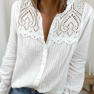 Cotton Stand Collar Boho Buttoned Blouse, Shirts, color:White|size:XXL, Noracora
