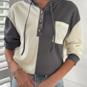 Loose Color Block Buckle Casual Hoodie Sweatshirt, Hoodies & Sweatshirts, color:Gray|size:XXL, Noracora