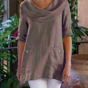 Pockets Long Sleeve Cowl Neck Cotton-Blend Tunic Shirt, Tops, color:Gray|size:5XL, Noracora