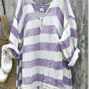 Casual 3/4 Sleeve V Neck Striped Bat Sleeve Top, Blouses, color:Purple|size:5XL, Noracora