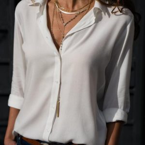 Woman Casual Buttoned Long Sleeve Solid V-Neck Shirt, Shirts, color:White|size:XXL, Noracora