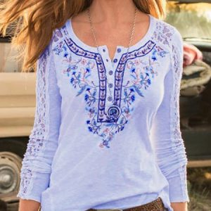 Casual Crew Neck Long Sleeve Shirts, Blouses, color:Blue|size:3XL, Noracora