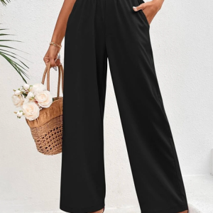 Cotton Casual Plain Paperbag Waist Wide Leg Pants, Pants, color:Black|size:XXL, Noracora