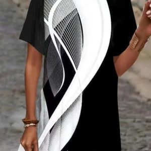 Loose Geometric Casual Crew Neck Shirt, Blouses, color:Black|size:XXL, Noracora