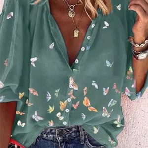 Colorful Butterfly Print Chiffon Long Sleeve Shirt, Shirts, color:Green|size:XS, catalog Noracora shop