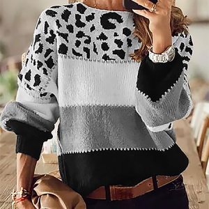 Crew Neck Leopard Long Sleeve Sweater, Sweaters, color:Gray|size:XXL, Noracora