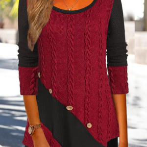 Long Sleeve Casual Crew Neck Tunic Top, Tops, color:Red|size:XXL, Noracora