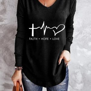 Long Sleeve Letter V Neck Casual Tunic T-Shirt, Blouses, color:Black|size:3XL, Noracora