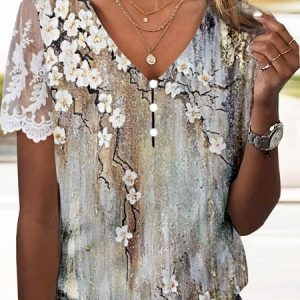 Casual Floral Printed V Neck Patchwork lace Blouses, Blouses, color:Khaki|size:XXL, Noracora