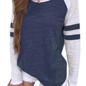 Round Neck Paneled Long Sleeve Casual Shirt, Blouses, color:Blue|size:3XL, Noracora