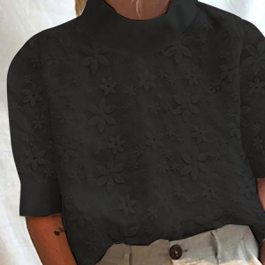 Women's Cotton Linen Lace Lapel Button Down Short Sleeve Shirt, Blouses, color:Black|size:XXL, Noracora