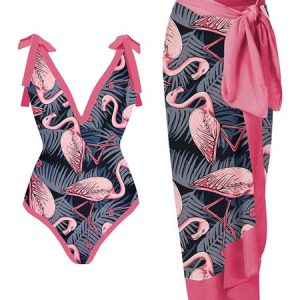 Vacation Animal Printing V Neck One Piece With Cover Up, Swimsuit with Cover Ups, color:Pink|size:S, Noracora