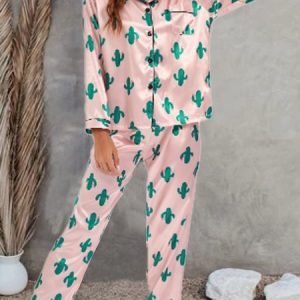 Plants Satin Pajama Set With No, Pajamas, color:Pink|size:XL, Noracora
