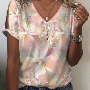Floral Buckle Casual V Neck Shirt, Blouses, color:As Picture|size:XXL, Noracora
