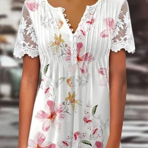 Plus Size Floral Notched Regular Fit Casual T-Shirt, TOPS, color:White|size:4X, Noracora