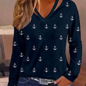 Cut-outs V Neck Anchor Long Sleeve Casual Shirt, Blouses, color:Navyblue|size:XXL, Noracora