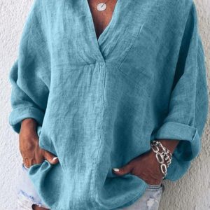 Women V Neck Long Sleeve Tunic Blouse Top, Blouses, color:Blue|size:5XL, Noracora