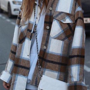 Casual Shawl Collar Woolen Plaid Jacket, Jackets, color:Coffee|size:XXL, Noracora