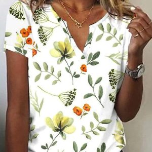 Floral Casual Notched Jersey T-Shirt, T-shirts, color:White|size:XXL, Noracora