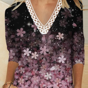 Abstract Lace V Neck Casual Shirt, Blouses, color:Black|size:XXL, Noracora