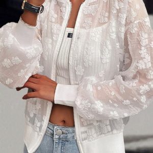 Regular Fit Floral Casual  Bomber Jacket, Jackets, color:White|size:L, Noracora