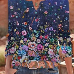 Floral  Long Sleeve  Printed  Cotton-blend  V neck Tunic Top, T-shirts, color:Navy Blue|size:3XL, Noracora