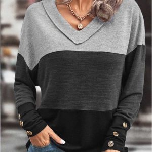 Casual V neck Loose Loose Long sleeve T-Shirt, Blouses, color:Gray|size:XXL, Noracora