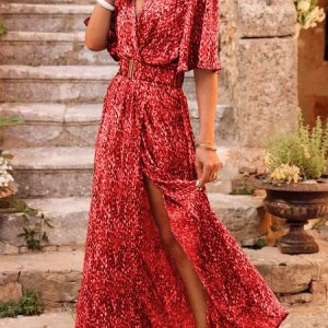 Women Floral High Waist Micro-Elasticity Loose Short Sleeve A-Line Maxi Dress, Maxi, color:Red|size:XS, Noracora