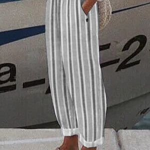 Cotton Casual Striped Button Detail Loose Pant, Pants, color:Gray|size:XXL, Noracora
