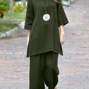 Casual Plain Loose Two-Piece Set, Sets, color:Army Green|size:5XL, Noracora
