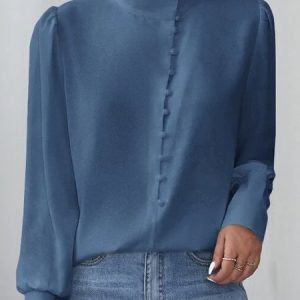 Casual Half Turtleneck Loose Jersey Blouse, Shirts, color:Blue|size:XXL, Noracora
