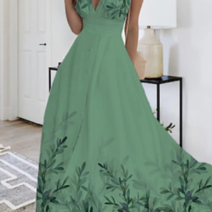 Vacation Floral Regular Fit V Neck Dress, Maxi, color:Green|size:XXL, Noracora