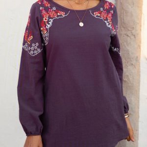 Gray Long Sleeve Cotton-Blend Crew Neck Plain Tunic T-Shirt, T-shirts, color:Purple|size:5XL, Noracora