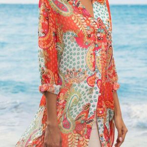 Geometric V Neck Long Sleeve Tunic Blouse & shirt, Blouses, color:Orange|size:XXL, Noracora